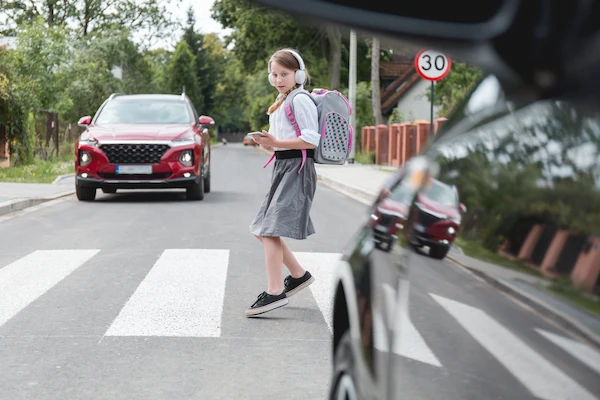 A car approaching a child in a crosswalk represents a pedestrian accident lawyer case.