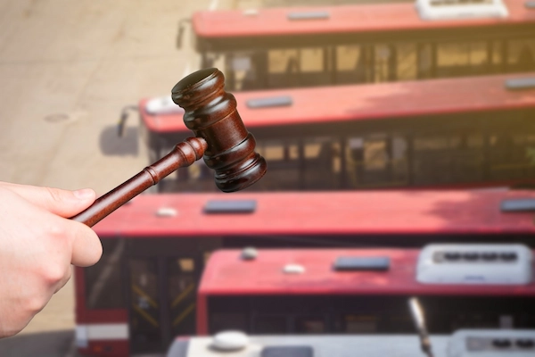 A gavel and several buses are representing a Columbia bus accident lawyer.