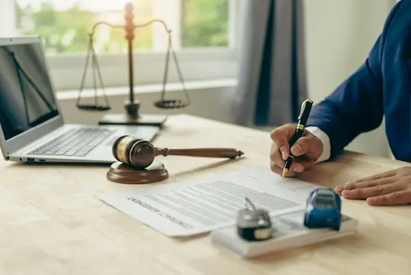 car accident lawyer filing a claim for a client at a desk with a gavel and laptop.