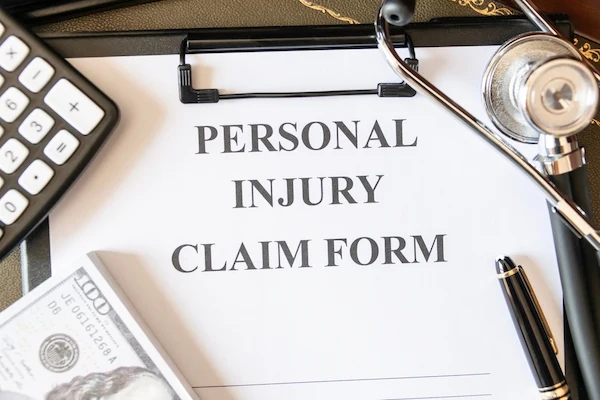 Close-up of a personal injury claim form with a stethoscope, calculator, and cash